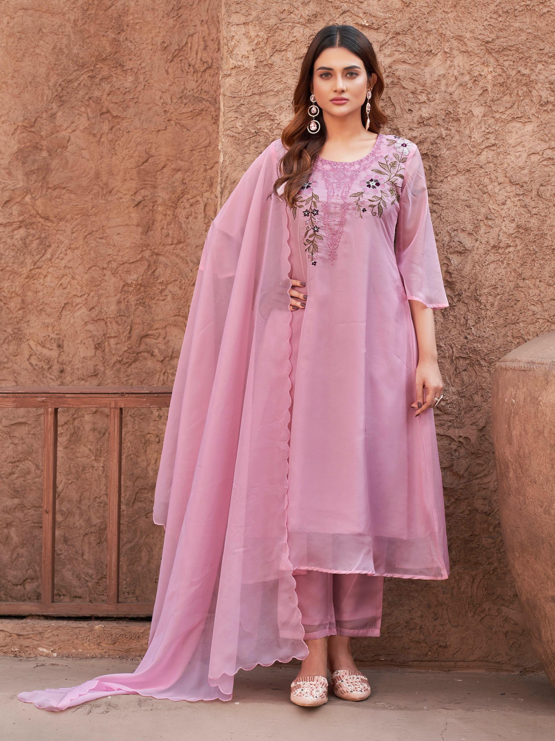 Baby Pink Organza With Contrast Embroidered A-Line Kurta Set